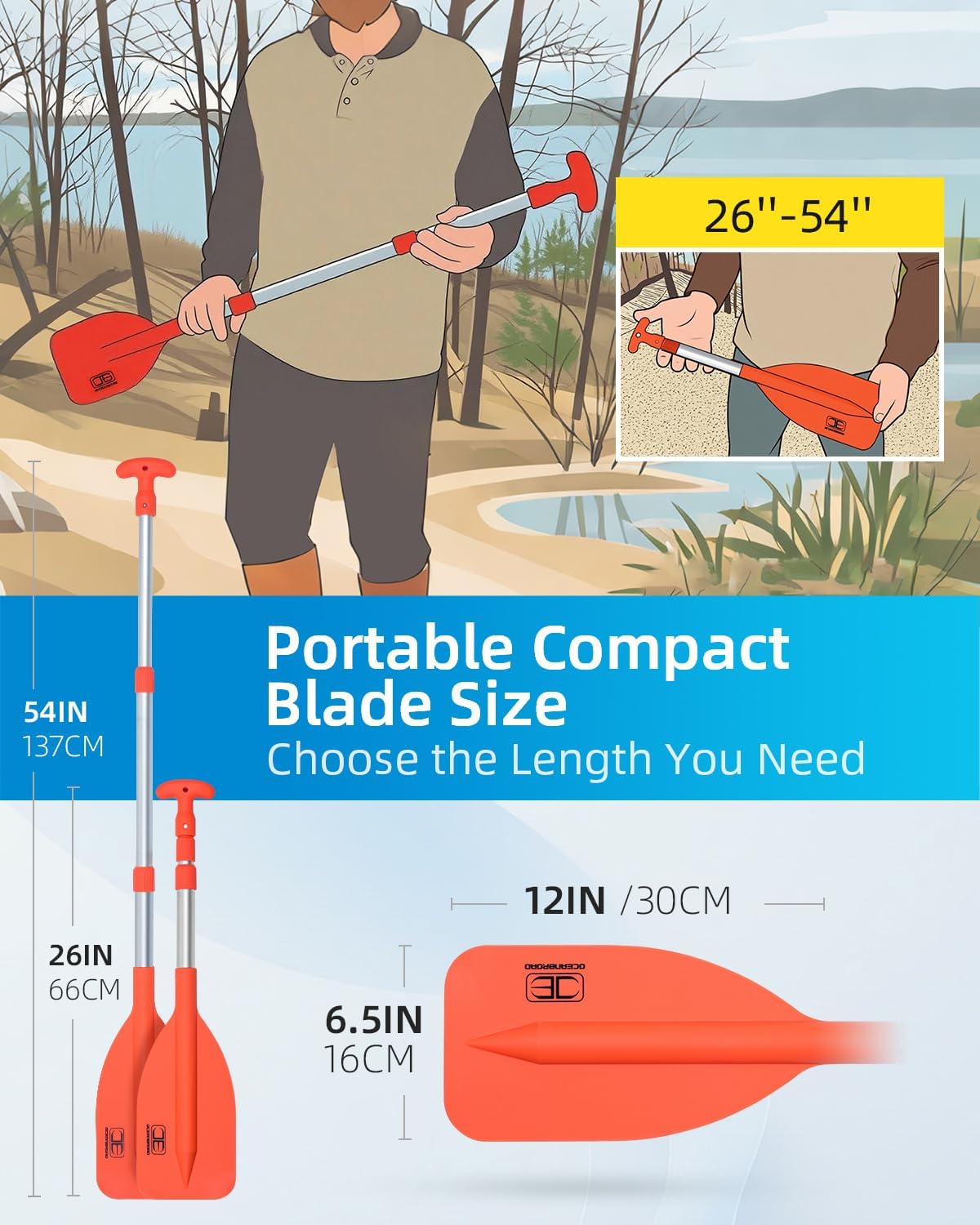 Emergency Paddle 21''-42''（Assembling Required）/26''-54'' | Boat Paddle, Canoe/Kayak Paddle, Telescoping Paddle, Collapsible Paddle, PWC/Boating/Pontoon/Jet Ski Accessories