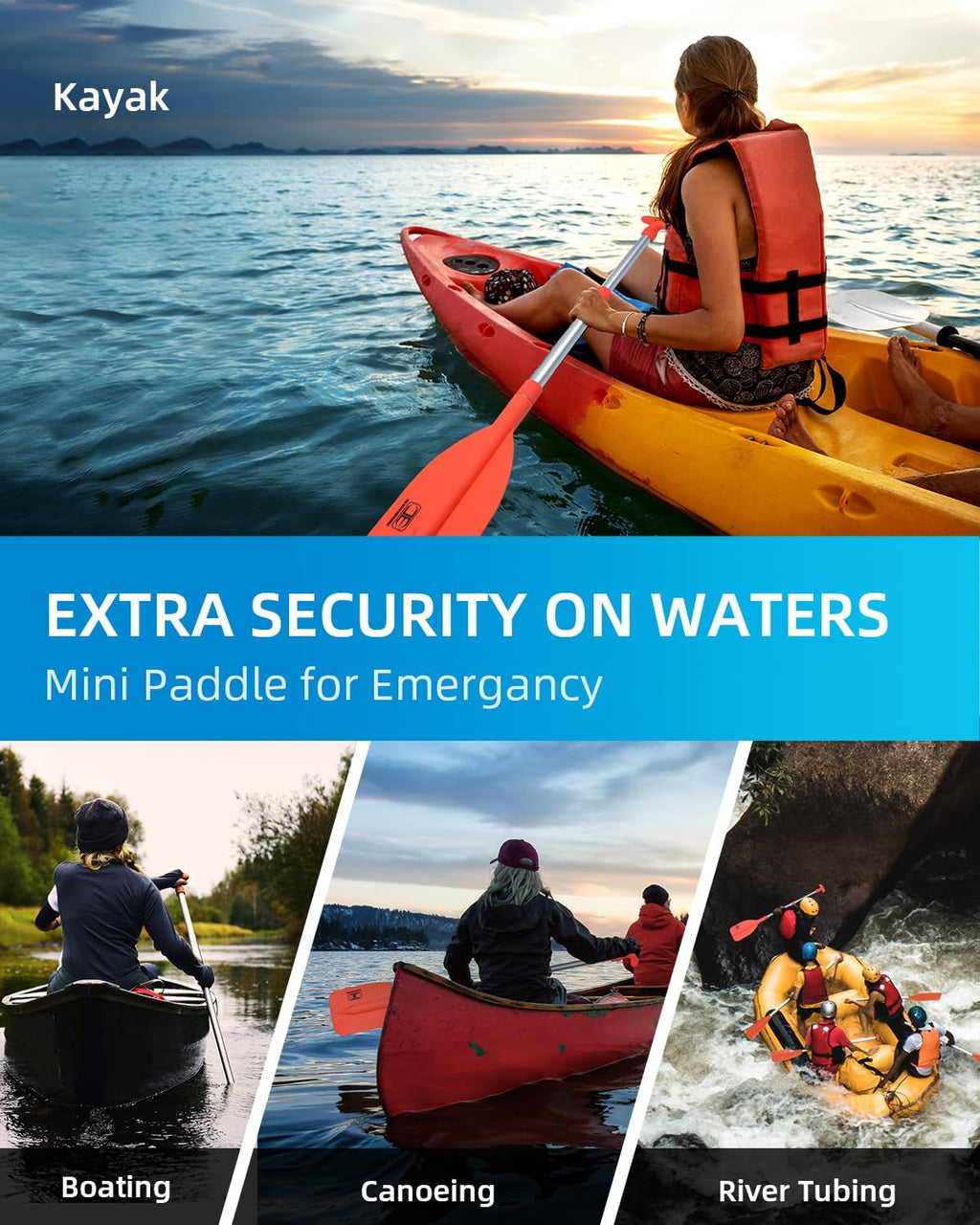Emergency Paddle 21''-42''（Assembling Required）/26''-54'' | Boat Paddle, Canoe/Kayak Paddle, Telescoping Paddle, Collapsible Paddle, PWC/Boating/Pontoon/Jet Ski Accessories
