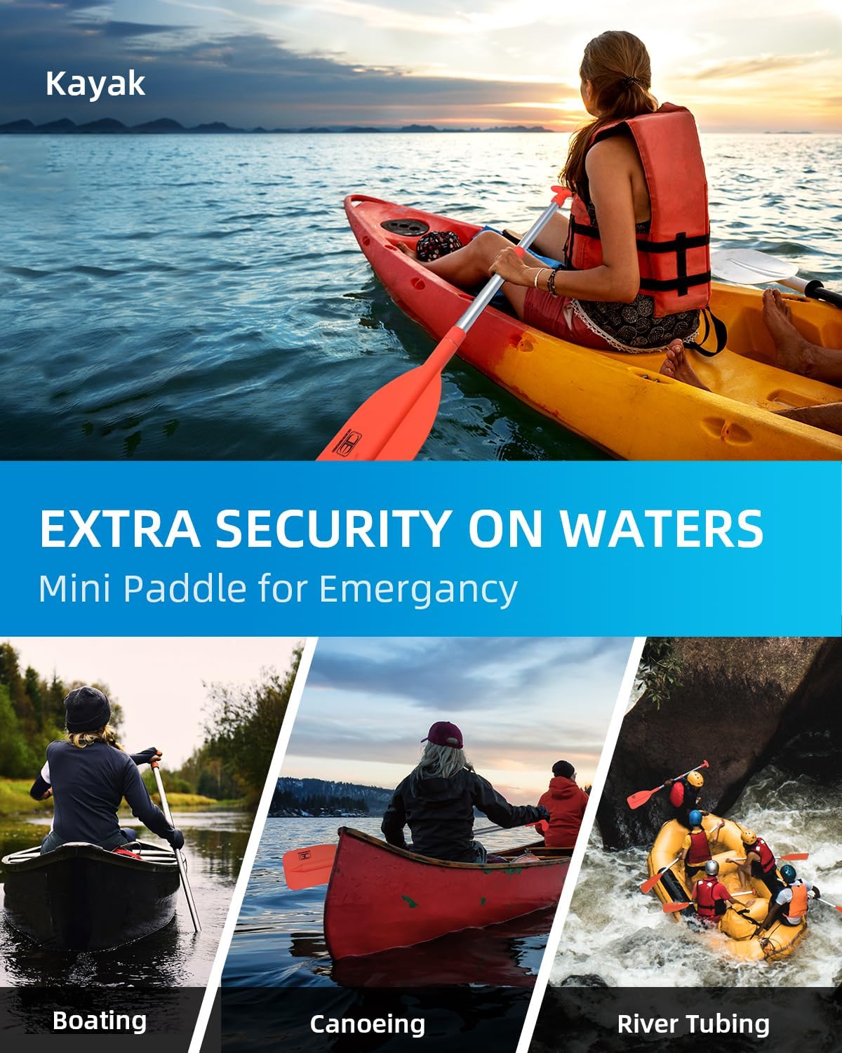 Emergency Paddle 21''-42''（Assembling Required）/26''-54'' | Boat Paddle, Canoe/Kayak Paddle, Telescoping Paddle, Collapsible Paddle, PWC/Boating/Pontoon/Jet Ski Accessories