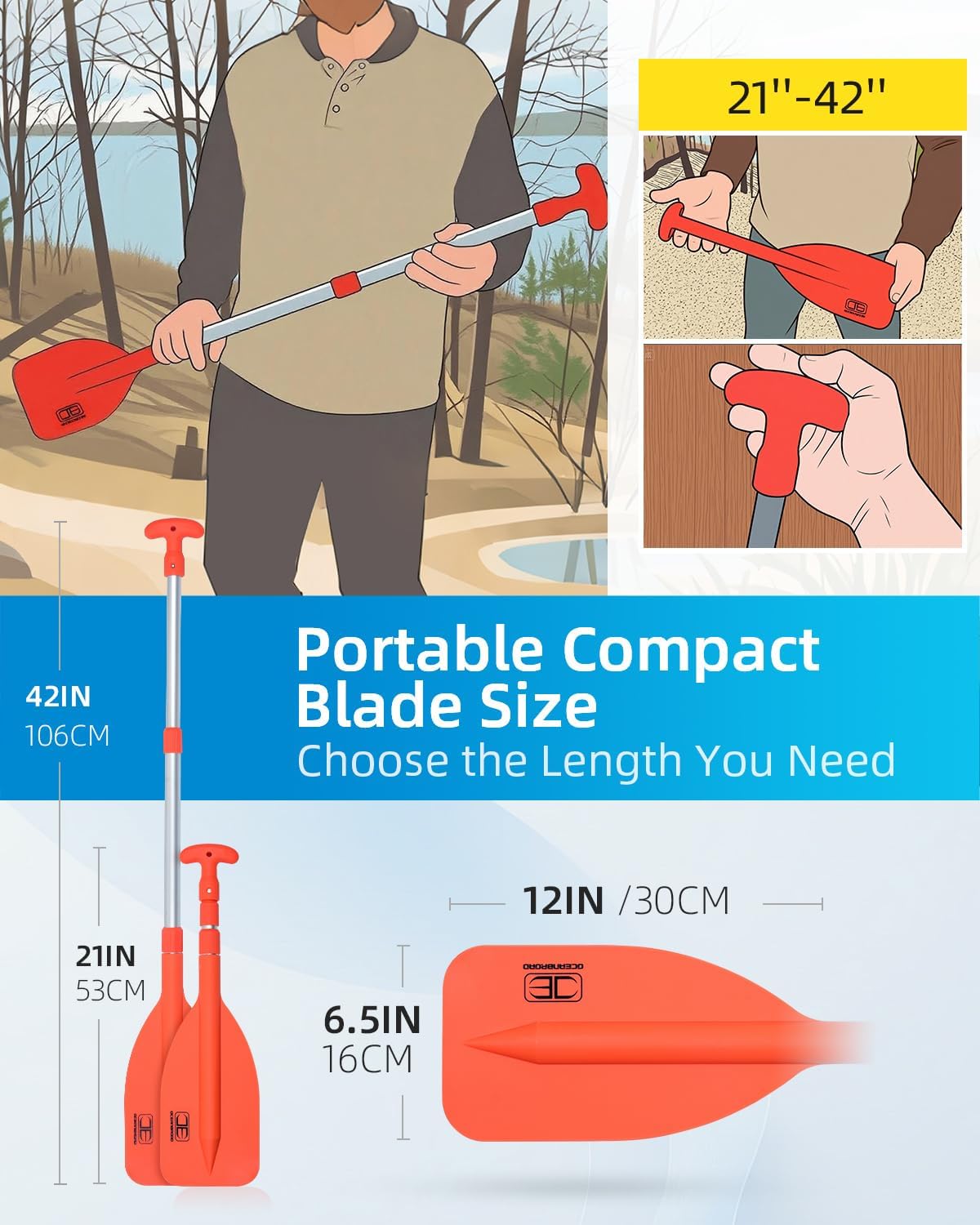 Emergency Paddle 21''-42''（Assembling Required）/26''-54'' | Boat Paddle, Canoe/Kayak Paddle, Telescoping Paddle, Collapsible Paddle, PWC/Boating/Pontoon/Jet Ski Accessories